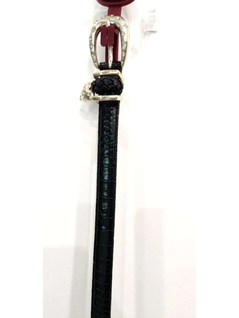 Brighton Women's Croc Embossed Leather Belt Silver Heart & Crystals L/34 B10483